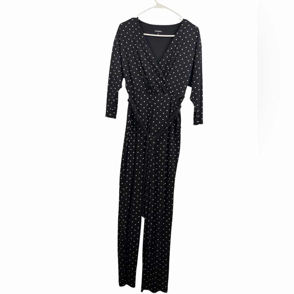 Express Black White Polka Dot Wrap Front Jumpsuit XS EUC #181